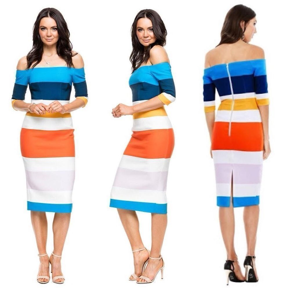 By Johnny Colorful Striped Off-Shoulder Dress